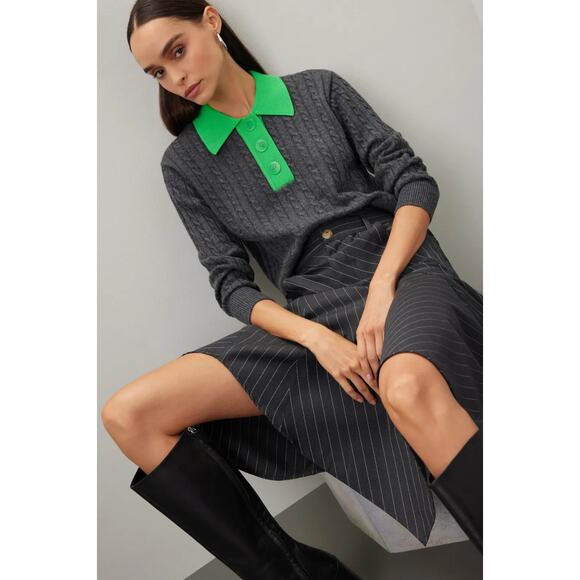 Sandro Reno Gray Knit Sweater with Green Collar Detail - Picture 1 of 8